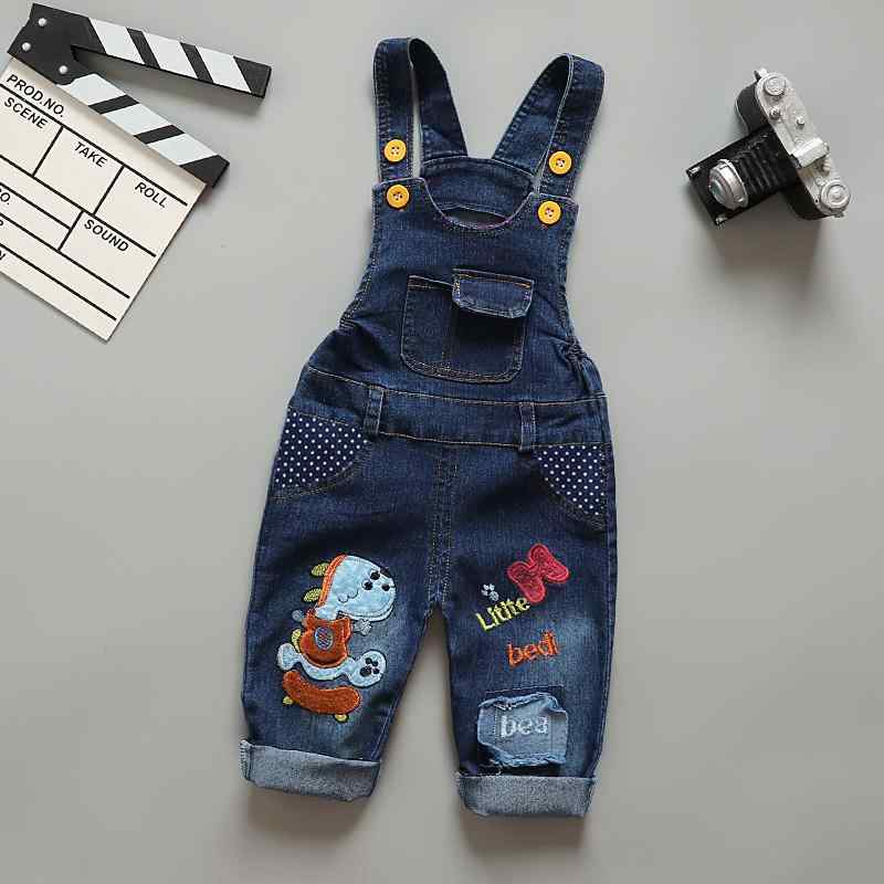 Baby / Toddler Adorable Dino Embroidery Polka Dots Denim Suspender Pants