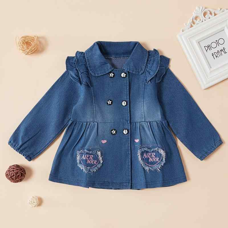 Baby / Toddler Girl Letter Embroidery Ruffled Denim Coat